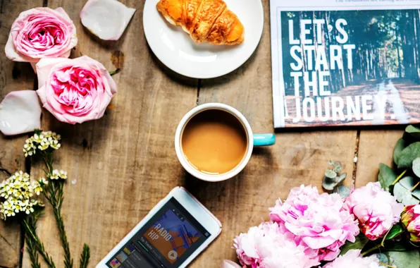 Table, coffee, roses, newspaper, phone, peonies