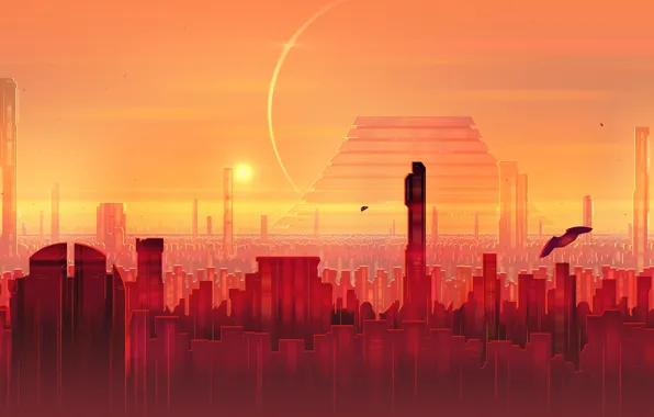 Sunset, The sun, The city, Skyscrapers, Building, City, Art, Fiction