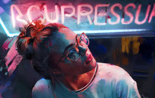 Picture girl, neon, art, glasses, Aaron Griffin
