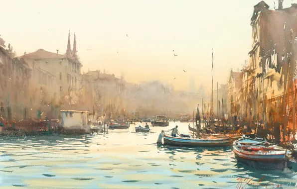 Dawn, boats, watercolor, Venice, channels