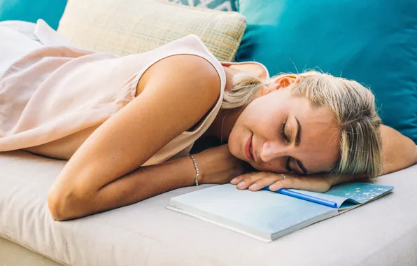 Sofa, dream, sleep, blonde, pillow, book, bracelet, sofa