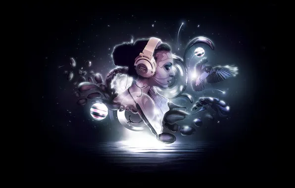 Sea, water, girl, bird, headphones