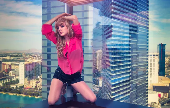 Girl, window, shirt, skyscraper