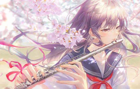 Girl, Sakura, schoolgirl, flute