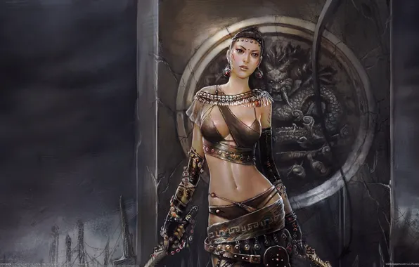 Girl, decoration, swords, warrior, monolith, huang tea