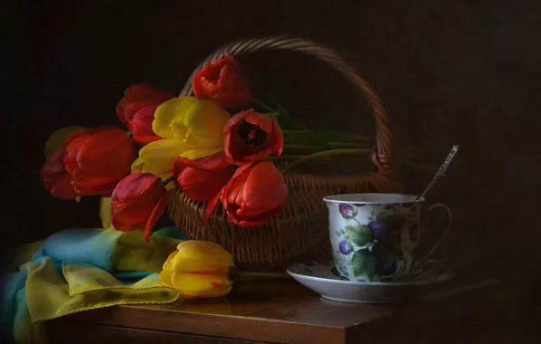 Picture flowers, table, basket, spring, Cup, tulips, dishes, still life