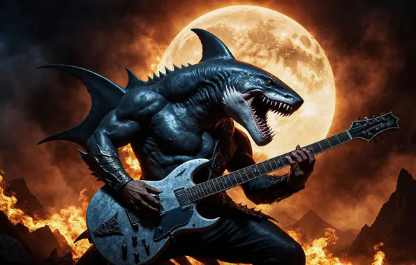 Night, the moon, guitar, man, shark, concert