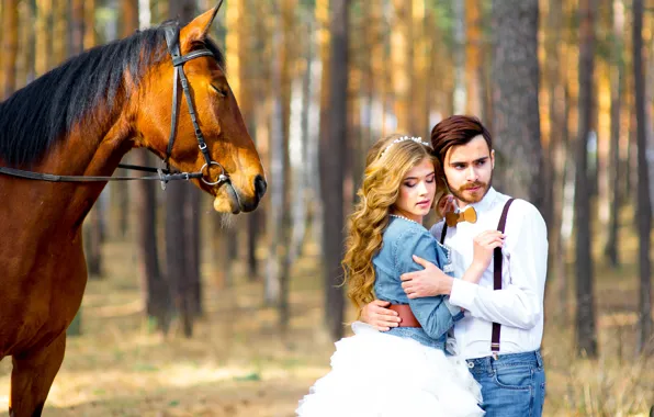Girl, the sun, trees, Park, horse, pair, guy, lovers