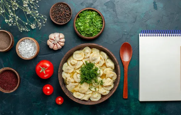 Greens, Notepad, spices, dumplings, bowls