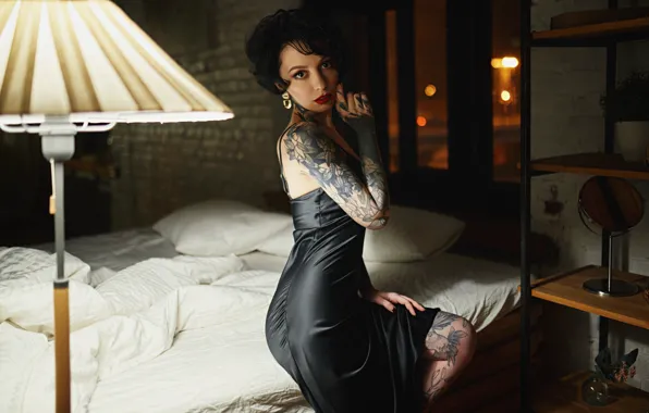 Picture look, girl, pose, bed, brunette, tattoo, bed, floor lamp