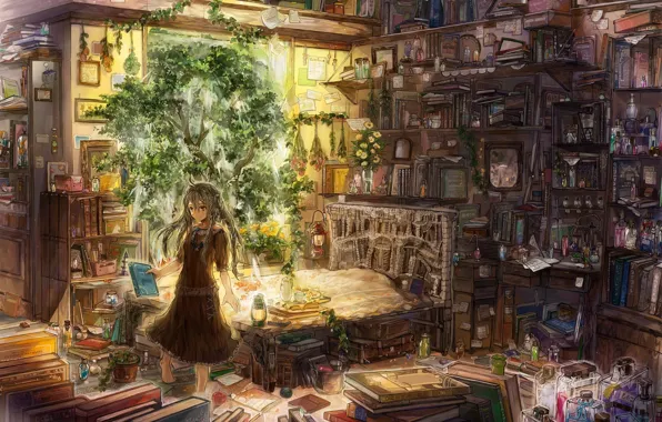 Lamp, books, plants, girl, grass, potions, extracts, zermezeele