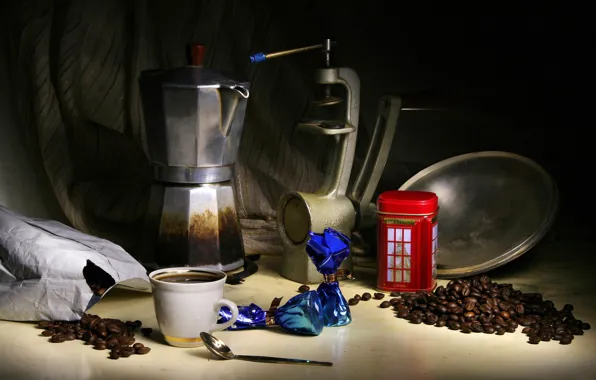 Style, retro, the dark background, table, coffee, candy, spoon, Cup