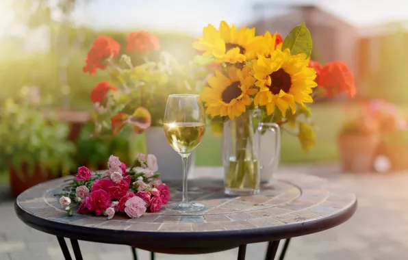 Flowers, sunflower, bouquet, vase, a glass of champagne, clove