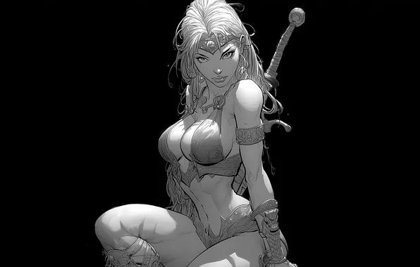 Picture black, monochrome, women, Illustration, drawing, Barbarian, bare shoulders, looking at viewer