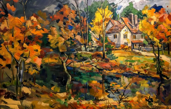 Autumn, trees, Park, shore, foliage, house, painting, pond