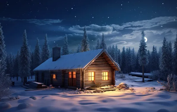 Winter, forest, snow, night, house, hut, christmas, forest