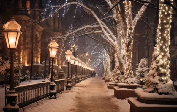 Winter, snow, trees, night, lights, Park, street, lights