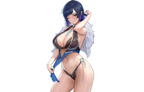 Picture girl, sexy, blue, anime, pretty, babe, thick, Genshin Impact