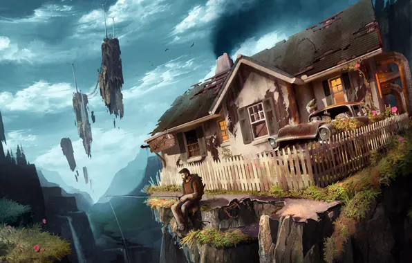 Picture machine, house, rocks, man, art, backpack, flying, rod