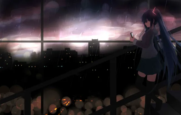 Picture girl, the city, rain, anime, headphones, art, vocaloid, hatsune miku