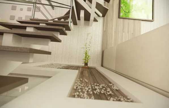 Room, plant, art, ladder, steps, render, decor