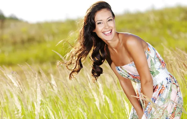 Field, grass, girl, nature, smile, emotions, feelings, laughter