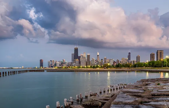 City, lights, skyscrapers, the evening, Chicago, Michigan, USA, USA