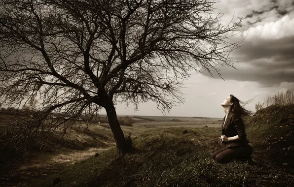 Picture autumn, girl, clouds, nature, tree, the wind, hill, cool