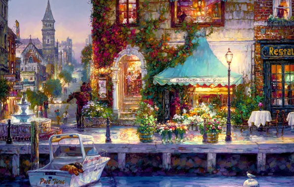 Flowers, the city, river, boat, home, the evening, lantern, restaurant