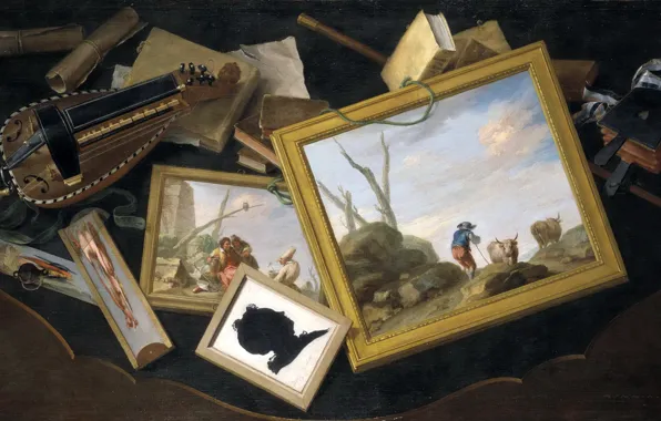 Collage, picture, Charles Joseph Flipart, Still life with Attributes of the Arts