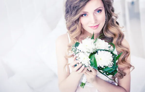 Picture look, girl, flowers, bouquet, hairstyle, the bride, curls