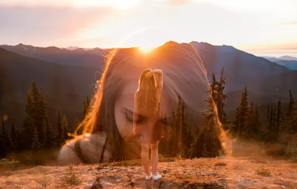Picture girl, the sun, sunset, mountains, Isaac Gautschi