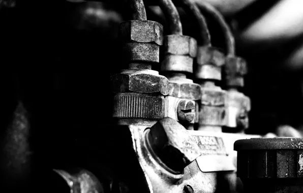 Engine, black and white, technique, details, nuts