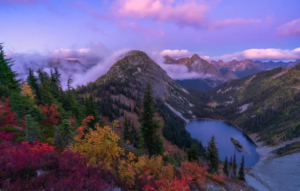 Picture autumn, trees, mountains, lake, Washington, The cascade mountains, Washington State, Cascade Range