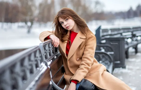 Winter, look, snow, trees, bench, pose, Park, model