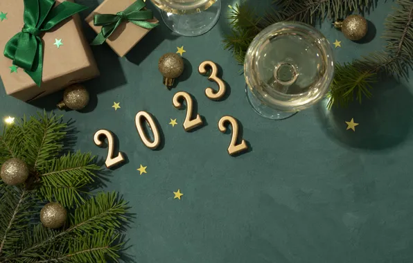 Balls, glasses, figures, gifts, New year, bows, needles, green background
