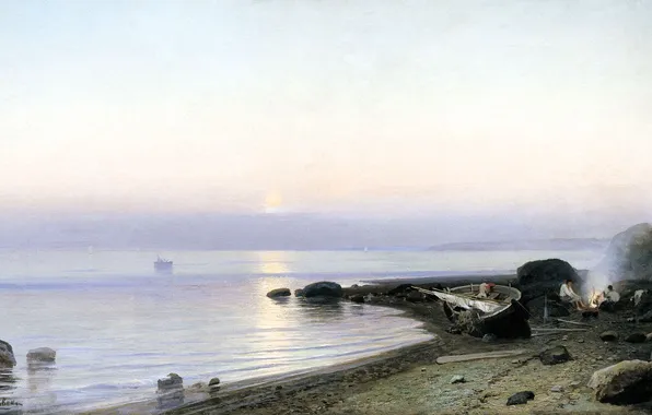 Sea, people, shore, boat, picture, the fire, Ruthin Sadkowski