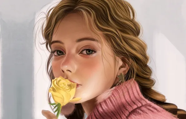 Pink, grey background, sweater, portrait of a girl, yellow rose, Vincent Chu