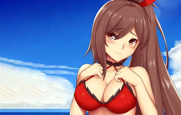 Picture girl, sexy, cleavage, beach, long hair, sea, brown hair, boobs