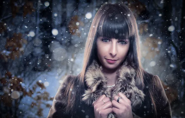 Girl, glare, brown hair, snowfall