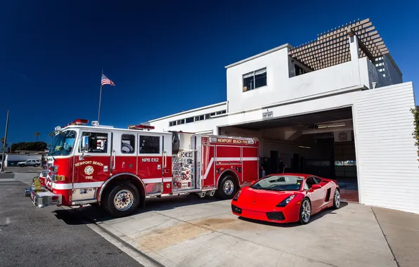 The sky, red, red, gallardo, lamborghini, Lamborghini, Gallardo, fire truck