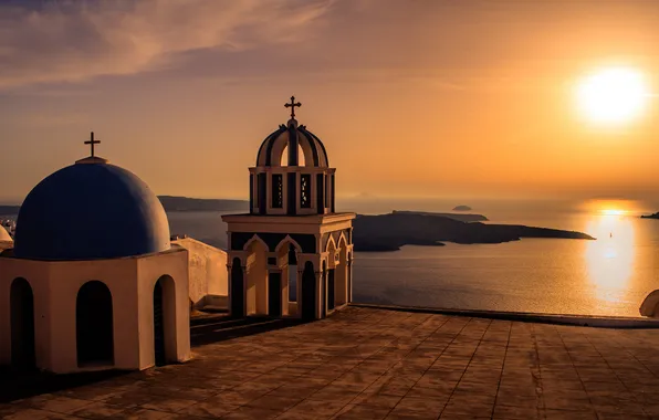 Picture sea, sunset, the city, view, Santorini, Greece, Church, dome