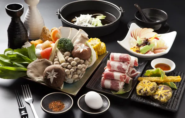 Mushrooms, meat, vegetables, sauce, meals, cuts