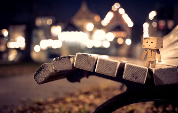 Bench, night, lights, the evening, shop, shop, Danbo, bench