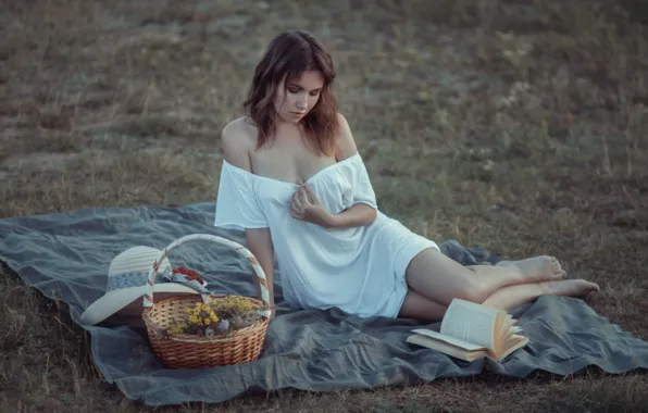 Picture hat, flowers, pose, nature, brown hair, barefoot, book, neckline