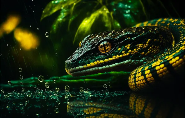 Look, leaves, water, drops, thickets, snake, plants, jungle
