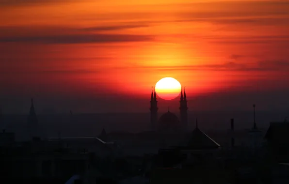 Sunset, The sun, Kazan, minarets, Kul-Sharif