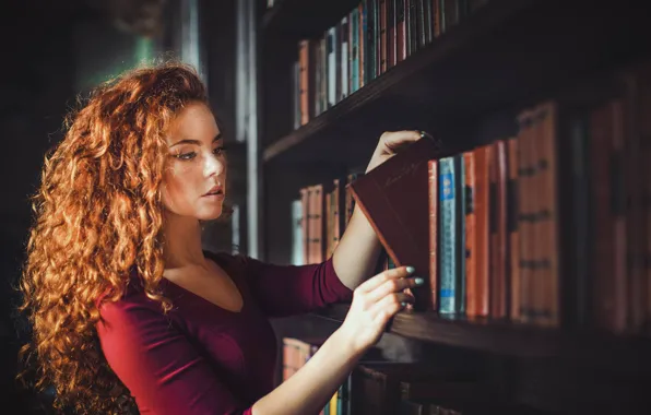 Girl, books, red, curls, redhead, Oksana Shkuratovska