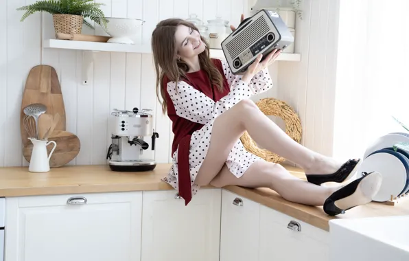 Hot girl, model, sexy woman, photoshoot, posing, kitchen, radio, hot babe