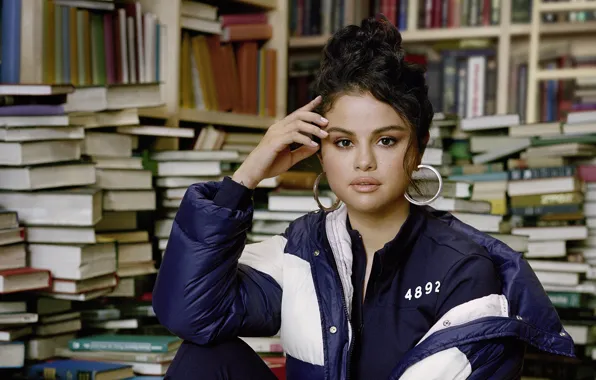Look, girl, face, books, jacket, singer, Puma, Selena Gomez
